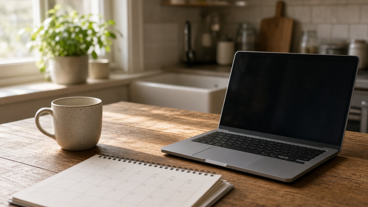 Laptop, Notizbuch und Tasse auf einem Holztisch am Fenster